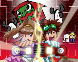  2boys alternate_color amano_nene_(digimon_xros_wars) aonuma_kiriha blonde_hair brown_hair chibi chocof91 commentary_request digimon digimon_(creature) digimon_xros_wars female gloves goggles goggles_on_head high_ponytail highres kudou_taiki long_hair lopmon monitor monster multiple_boys photoshop_(medium) ponytail shonitamon split_ponytail 