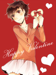  bad_id bad_pixiv_id brown_hair casual female mentaishi persona persona_3 persona_3_portable red_eyes shiomi_kotone smile solo valentine 