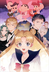  5girls 6+boys :d androgynous bishoujo_senshi_sailor_moon bishoujo_senshi_sailor_moon_stars black_bow blonde_hair blue_eyes blue_sailor_collar boo-chan bow commentary_request cone_hair_bun cosplay crayon_shin-chan crossdressing crossover double_bun earth_(planet) formal green_sailor_collar hair_bun highres juuban_middle_school_uniform kaiou_michiru kazama_tooru luna_(sailor_moon) luna_(sailor_moon)_(cosplay) multiple_boys multiple_girls nohara_shinnosuke open_mouth parted_bangs photoshop_(medium) planet red_bow red_sailor_collar sailor_chibi_moon sailor_chibi_moon_(cosplay) sailor_collar sailor_jupiter sailor_jupiter_(cosplay) sailor_mars sailor_mars_(cosplay) sailor_mercury sailor_mercury_(cosplay) sailor_senshi_uniform sailor_venus sailor_venus_(cosplay) sakurada_nene satou_masao school_uniform seiya_kou serafuku shamko shiro_(shin-chan) short_hair signature smile taiki_kou ten&#039;ou_haruka tsukino_usagi twintails very_short_hair yaten_kou 