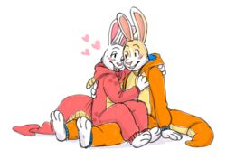  3_toes 4_fingers anthro biped blush clothed clothing costume cubi cubi_(characters) cubi_(dragon) cubi_(rabbit) digital_drawing_(artwork) digital_media_(artwork) dragon duo feet fingers flir_(rabbit) flir_(woozle) fur furry_wearing_fursuit fursuit heart_symbol kigurumi lagomorph leporid long_ears male male/male mammal multicolored_body multicolored_fur mustelid musteline mythological_creature mythological_scalie mythology onesie pajamas pink_nose rabbit romantic romantic_couple scalie simple_background smile spade_tail tail tan_body tan_fur teeth toes tongue tongue_out true_musteline two_tone_body two_tone_fur weasel white_background white_body white_fur woozle 