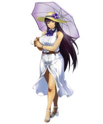  amanomiya_ayame black_hair bracelet dark-skinned_female dark_skin dress female flower full_body hat hat_flower high_heels holding holding_umbrella jewelry long_hair looking_at_viewer official_art partially_unbuttoned sleeveless sleeveless_dress solo standing sun_hat super_robot_wars super_robot_wars_x-omega transparent_background umbrella very_long_hair watanabe_wataru_(character_designer) white_dress white_legwear 