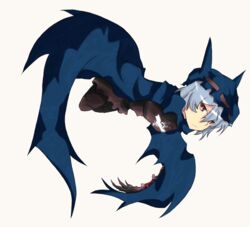  bad_id bad_pixiv_id batman batman_(cosplay) batman_(series) blue_hair claws cosplay dc_comics dmt_(auburn) dutch_angle female hat red_eyes remilia_scarlet simple_background solo touhou 