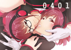  1boy commentary_request drill_hair female glasses gloves headphones kasane_ted kasane_teto musha_sabu photoshop_(medium) red_eyes red_hair short_hair smile twin_drills twintails utau 