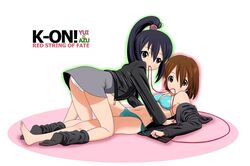  2girls bikini black_hair brown_eyes brown_hair commentary_request hirasawa_yui jacket k-on! k-on!_movie long_hair mouth_hold multiple_girls nakano_azusa p-crush panties pantyshot photoshop_(medium) ponytail short_hair singing!_(k-on!) string string_of_fate swimsuit underwear unworn_clothes yuri 