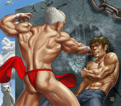  2boys abs bald_spot battle blood blood_from_mouth commentary_request crack facial_hair feline fundoshi injury japanese_clothes kabedon male_focus manly matataku moustache multiple_boys muscular old old_man original photoshop_(medium) punching signature surprised_cat_(matataku) topless_male wall_crash white_hair 