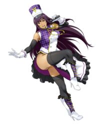  amanomiya_ayame black_thighhighs boots brown_eyes clothes_lift dark-skinned_female dark_skin elbow_gloves female full_body gloves hat high_heels holding holding_microphone leg_up long_hair looking_at_viewer microphone official_art open_mouth purple_hair skirt skirt_lift solo super_robot_wars super_robot_wars_x-omega thighhighs transparent_background watanabe_wataru_(character_designer) white_gloves 