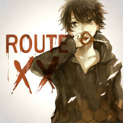  1boy averting_eyes bad_id bad_pixiv_id black_eyes black_hair black_hoodie brown_hair covered_mouth crimsonseed drawstring english_text expressionless fingernails grey_background hexagon holding holding_scissors hood hood_down hoodie jacket kagerou_project kisaragi_shintarou long_sleeves looking_ahead male_focus scissors simple_background solo upper_body 