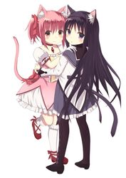  2girls akemi_homura akemi_homura_(magical_girl) animal_ears black_hair black_pantyhose bow cat_ears cat_tail choker commentary_request gloves hairband hairbow hug jewelry kaname_madoka kaname_madoka_(magical_girl) kemonomimi_mode kneehighs long_hair long_sleeves looking_at_viewer looking_back magical_girl mahou_shoujo_madoka_magica mahou_shoujo_madoka_magica_(anime) multiple_girls nekomo pantyhose pendant pink_eyes pink_hair pink_skirt puffy_sleeves purple_eyes red_footwear shirt shoes short_sleeves simple_background skirt smile socks standing standing_on_one_leg tail twintails white_background white_gloves white_legwear 