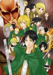  6+boys 6+girls absurdres annie_leonhart armin_arlert auruo_bossard bad_id bad_pixiv_id bertolt_hoover cape colossal_titan connie_springer eren_yeager erwin_smith freckles hange_zoe highres jean_kirstein krista_lenz levi_(shingeki_no_kyojin) mikasa_ackerman moisama multiple_boys multiple_girls paradis_military_uniform petra_ral reiner_braun sasha_blouse shingeki_no_kyojin sword titan_(shingeki_no_kyojin) weapon ymir_(shingeki_no_kyojin) 