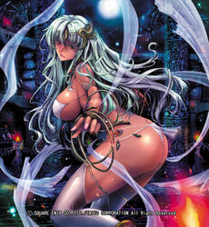  ass bikini breasts commentary_request dancer dark-skinned_female dark_skin dragon fantasy female fire full_moon g-string green_hair horns jewelry large_breasts legs long_hair long_legs moon night panties sideboob solo swimsuit tana_(garyuh-chitai) thighhighs thighs thong underboob underwear white_bikini yuukyuu_no_sharin 