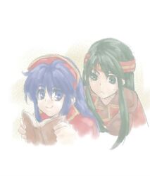  2girls blue_eyes blue_hair book curious fire_emblem fire_emblem:_fuuin_no_tsurugi green_eyes green_hair headband headdress lilina lowres multiple_girls smile sue_(fire_emblem) 