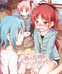  3girls alternate_costume blue_eyes blue_hair blush bow casual commentary_request hair_ribbon hairbow hay_fever hood hoodie kaname_madoka long_hair mahou_shoujo_madoka_magica mahou_shoujo_madoka_magica_(anime) miki_sayaka multiple_girls oerba_yun_fang open_mouth pants pink_hair red_eyes red_hair ribbon runny_nose ryuunosuke_(luckyneco) sakura_kyoko short_hair snot sweatdrop translated twintails 