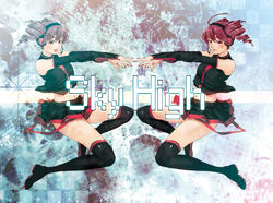  2girls clone commentary_request detached_sleeves drill_hair headphones headset kasane_teto multiple_girls musha_sabu nail_polish photoshop_(medium) red_eyes red_hair short_hair sky_high_(utau) smile song_name thighhighs twin_drills twintails utau zettai_ryouiki 