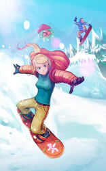  1boy bad_deviantart_id bad_id blonde_hair blue_eyes coat female long_hair metroid metroid_(creature) pants photoshop_(medium) ponytail roguetwo samus_aran snow snowboard 