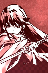  akame akame_ga_kill! black_hair cloak female long_hair monochrome official_art solo square_enix sword tashiro_tetsuya 