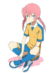  1boy bad_link blue_eyes inazuma_eleven_(series) inazuma_eleven_go kirino_ranmaru long_hair low_twintails male_focus mami_(apsaras) otoko_no_ko pink_hair sitting soccer_uniform solo sportswear twintails 