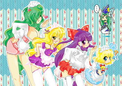  ... 5girls :d adapted_costume alice_margatroid alice_margatroid_(pc-98) alternate_costume apron bare_shoulders blonde_hair blue_eyes bow breasts chibi cleavage commentary_request enmaided ghost_tail green_eyes green_hair hair_over_one_eye hair_tubes hairbow hakurei_reimu hakurei_reimu_(pc-98) hand_on_own_hip hat heart height_difference ichigo_(strawberry) kazami_yuuka kazami_yuuka_(pc-98) kirisame_marisa kirisame_marisa_(pc-98) large_breasts long_hair maid maid_headdress mima_(touhou) multiple_girls one_eye_closed open_mouth purple_eyes purple_hair shanghai_doll short_hair sidelocks smile thighhighs touhou touhou_(pc-98) very_long_hair waist_apron white_legwear wizard_hat yellow_eyes yin_yang zettai_ryouiki 