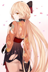  absurdres arm_behind_back ass black_bow black_gloves blush boots bow bow_choker braid chinese_commentary choker commentary female floral_print from_behind girls&#039;_frontline gloves gradient_background hair_ribbon hairbow hakama hakama_skirt half_gloves hand_on_own_chest high-waist_skirt high_heel_boots high_heels highres holster japanese_clothes long_hair looking_at_viewer looking_back meiji_schoolgirl_uniform official_alternate_costume open_mouth orange_eyes ots-14_(flurry_of_petals)_(girls&#039;_frontline) ots-14_(girls&#039;_frontline) petals pink_hair ribbon ru_zhai shiny_skin simple_background skirt skirt_tug smile solo thigh_holster thigh_strap thighs torn_clothes torn_hakama torn_skirt very_long_hair white_background 