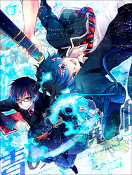  2boys :o ao_no_exorcist belt black_jacket blue_fire brothers buckle coat collarbone commentary_request fire flame-tipped_tail flaming_sword flaming_weapon highres jacket kokonoe_miya looking_at_viewer male_focus multiple_boys necktie okumura_rin okumura_yukio open_clothes open_jacket open_mouth photoshop_(medium) pointy_ears red_necktie scabbard sheath shirt siblings tail unsheathed white_shirt 