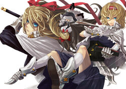  alice_margatroid apron armor blonde_hair blue_eyes bodice book boots bow capelet commentary_request dress female fujinohara_akihira gauntlets goliath_doll greaves hair_ribbon hairbow headband jewelry kneehighs lance long_hair looking_at_viewer parted_lips polearm puppet_rings puppet_strings ribbon ring shanghai_doll short_hair simple_background socks solo sword touhou upside-down very_long_hair waist_apron weapon white_background 