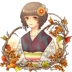  art_nouveau autumn autumn_leaves brown_eyes brown_hair commentary_request female flower hair_flower hair_ornament japanese_clothes kayu kimono lips obi original sash short_hair solo 