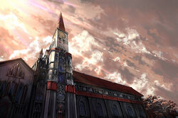  architecture building c.z. clock clock_tower cloud commentary_request female gensokyo gothic_architecture izayoi_sakuya light_rays outdoors photoshop_(medium) scarlet_devil_mansion scenery sky solo sunbeam sunlight sunset touhou tower 