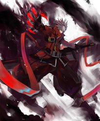  1boy belt black_gloves black_pants blazblue claws coat commentary_request devoured_by_darkness full_body gloves gond grey_hair holding holding_sword holding_weapon left-handed male_focus multicolored_hair pants photoshop_(medium) ragna_the_bloodedge red_eyes red_hair smoke solo spiked_hair sword weapon 