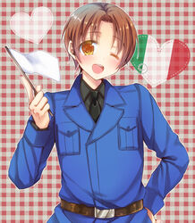  ;d aina123 ainaryumu axis_powers_hetalia brown_hair flag heart heart italy italy_(hetalia) one_eye_closed open_mouth orange_eyes smile solo waving_flag wink 