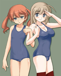  2girls blue_eyes breast_envy breasts brown_hair cleavage commentary_request depressed empty_eyes flat_chest francie_gerard large_breasts mirutsu_(milts) multiple_girls one-piece_swimsuit orange_hair salute school_swimsuit shaded_face strike_witches:_katayoku_no_majo-tachi swimsuit thighhighs twintails wilma_bishop world_witches_series 