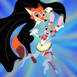  1:1 2017 abstract_background action_pose anthro armwear barefoot black_tie_(suit) bow_tie buckteeth canid canine cape clothing crossover dipstick_ears dipstick_tail disney duo ear_markings elbow_gloves feet female fox fur gloves green_eyes handwear hi_res jewelry judy_hopps lagomorph leporid looking_at_viewer male mammal markings mask multicolored_ears multicolored_tail nick_wilde open_mouth pendant pose purple_eyes rabbit sailor_moon_(character) sailor_moon_(series) skelly_doll suit tail tail_markings teeth tuxedo_mask zootopia 