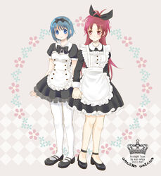  2girls alternate_costume apron ariga_nao blue_eyes blue_hair blush bow commentary_request enmaided hairband holding_hands interlocked_fingers long_hair mahou_shoujo_madoka_magica mahou_shoujo_madoka_magica_(anime) maid miki_sayaka multiple_girls pantyhose ponytail red_eyes red_hair sakura_kyoko short_hair smile white_legwear 