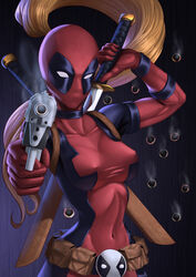  absurdres blonde_hair breasts bullet_hole commentary_request covered_nipples female gun handgun highres katana lady_deadpool marvel mask medium_breasts mouth_mask photoshop_(medium) ponytail sword weapon zamberz 