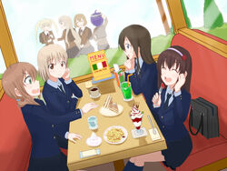  6+girls :d ^_^ blonde_hair blue_eyes brown_eyes brown_hair closed_eyes coffee commentary_request cup drinking_straw dutch_angle food french_fries fruit green_eyes hairband highres ice_cream italian_flag long_hair miwa_ai multiple_girls necktie nekopan_(neko-blr) ogawa_kokoro oomuro-ke oomuro_hanako oomuro_nadeshiko open_mouth photoshop_(medium) plate purple_hair restaurant sandwich school_uniform sitting skirt smile sonokawa_megumi souma_mirai spoon strawberry sundae takasaki_misaki_(yuru_yuri) tears twintails water yaeno_miho yuru_yuri 