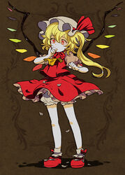  ascot blonde_hair blood bloomers commentary_request dress feathers female flandre_scarlet hat lolicon long_hair mary_janes mattie red_eyes shoes side_ponytail socks solo standing thumb_sucking touhou underwear white_socks wings 