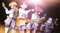  4girls ahoge angel_beats! blonde_hair blue_eyes brown_hair detexted drum drumsticks electric_guitar fender_jazzmaster girls_dead_monster guitar highres hisako_(angel_beats!) imageboard_desourced instrument irie_miyuki iwasawa_masami multiple_girls non-web_source open_mouth ponytail purple_hair red_hair school_uniform sekine_shiori serafuku shinda_sekai_sensen_uniform sleeves_rolled_up thighhighs third-party_edit white_legwear wrist_cuffs zettai_ryouiki 