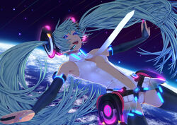  blue_eyes bridal_gauntlets center_opening commentary_request female green_hair hatsune_miku hatsune_miku_(append) headset highres long_hair navel nayu necktie open_mouth outstretched_arms solo space spread_arms thighhighs twintails very_long_hair vocaloid vocaloid_append 