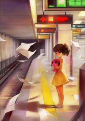  bad_id bad_pixiv_id brown_eyes brown_hair canine female flying_paper lolicon maromi mousou_dairinin paper railroad_tracks s.advent sagi_tsukiko sign skirt solo standing stuffed_animal stuffed_dog stuffed_toy subway subway_station train_station twintails wind yellow_skirt 