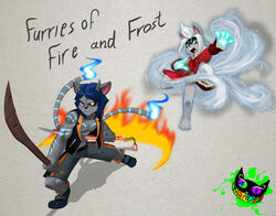  2_tails action_pose anthro black_markings black_sclera bleedman blue_eyes blue_markings blue_stripes boots bottomwear brown_eyes canid canine canis clothing cole_the_pup_mage_of_ice demon domestic_cat domestic_dog duo facial_markings fantasy_weapon felid feline felis fire flaming_tail footwear fur glowing glowing_markings grey_background grey_body grey_fur head_markings horn ice magic magic_user mammal markings mask_(marking) melee_weapon multi_tail percival_the_cat_warrior_of_fire pose red_eyes shirt shorts silent-sid_1992 simple_background snow stripes sword tail topwear tunic vest warrior weapon young young_anthro 