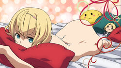  ass bed blonde_hair blue_eyes bodysuit female heavy_object milinda_brantini nude official_art photoshop pillow qwenthur_barbotage screencap 