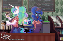  anthro apron beverage bottle clothed clothing coffee_shop container cosmic_hair counter cup currency_amount duo english_text equid equine ethereal_hair female food friendship_is_magic hair hasbro horn inside list mammal menu menu_board muffin multicolored_hair my_little_pony mythological_creature mythological_equine mythology number omny87 open_mouth pen physical_list price price_listing princess_celestia_(mlp) princess_luna_(mlp) pseudo_hair purple_apron purple_clothing purple_eyes service_menu sign teal_eyes text tray unicorn 