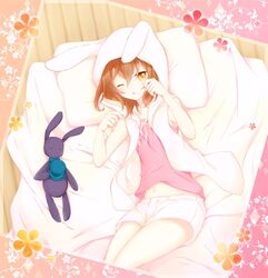  1boy ;o akane_(goma) animal_ears bad_id bad_pixiv_id brown_hair futon goma_(11zihisin) hat hood hoodie male_focus midriff navel one_eye_closed original otoko_no_ko photoshop_(medium) pillow rabbit rabbit_ears shorts solo souta_(goma) stuffed_animal stuffed_rabbit stuffed_toy top_hat waking_up white_shorts yellow_eyes 