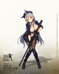  armor between_breasts black_footwear black_gloves black_necktie black_pantyhose black_shorts blue_hat blue_jacket blush boots breasts brown_eyes character_name cleavage collared_shirt copyright_name cross-laced_footwear female fn_spr_a3g full_body girls&#039;_frontline gloves grey_hair gun hair_ornament hairclip hat head_tilt highres holding holding_gun holding_weapon jacket knees_together_feet_apart lace-up_boots large_breasts leaning_forward logo long_hair navel necktie necktie_between_breasts official_art open_clothes open_jacket pantyhose parted_lips pouch promotional_art rifle shin_guards shirt short_shorts shorts sidelocks sleeves_rolled_up smirk sniper_rifle solo spr_a3g_(girls&#039;_frontline) stomach strap thigh_strap tied_shirt trigger_discipline very_long_hair weapon white_shirt x_hair_ornament yuran 