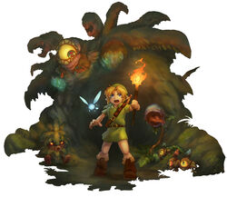  1boy belt belt_buckle blonde_hair blue_eyes boots brown_footwear buckle commentary_request creature deku_baba deku_scrub fairy fairy_wings fire gohma green_tunic hat link male_focus monster navi plant the_legend_of_zelda the_legend_of_zelda:_ocarina_of_time torch traditional_media tunic vio_(dry-trail) wings young_link 