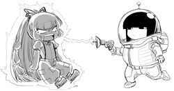  astronaut bangs blunt_bangs chibi flat_gaze frown fujiwara_no_mokou gun hime_cut houraisan_kaguya jitome monochrome multiple_girls open_mouth ponytail space_jin suspenders touhou weapon 