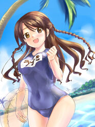  braid brown_eyes brown_hair commentary_request female half_updo highres idolmaster idolmaster_cinderella_girls innertube long_hair mashitono_desu name_tag old_school_swimsuit one-piece_swimsuit outdoors school_swimsuit shimamura_uzuki swim_ring swimsuit twin_braids 