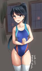  black_eyes black_hair blue_one-piece_swimsuit commentary_request competition_swimsuit cosplay cowboy_shot dated female grey_background houshou_(kancolle) idolmaster idolmaster_cinderella_girls idolmaster_cinderella_girls_starlight_stage kantai_collection long_hair looking_at_viewer minase_(takaoka_nanase) nitta_minami nitta_minami_(cosplay) one-piece_swimsuit open_mouth own_hands_clasped own_hands_together ponytail smile solo standing suzaki_aya swimsuit thigh_gap thighhighs twitter_username voice_actor_connection white_thighhighs window 