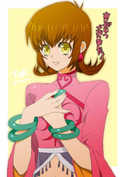  annie_barrs bracelet breasts brown_hair earrings female jewelry midriff navel open_mouth see-through short_hair tales_of_(series) tales_of_rebirth tktg wide_sleeves yellow_background yellow_eyes 