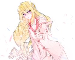  blonde_hair breasts cleavage commentary_request drill_hair elsword eve_(elsword) facial_mark female highres long_hair open_mouth pajamas purple_eyes solo sparkle sulleah 