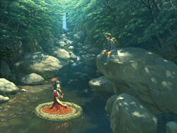  2girls afloat backpack bad_id bad_pixiv_id bag blue_eyes blue_footwear blue_hair blue_shirt blue_skirt boots bow collared_shirt dappled_sunlight day dress eye_contact forest green_bag green_hair green_headwear hair_bobbles hair_ornament hair_ribbon hairbow hat highres kagiyama_hina kawashiro_nitori key long_sleeves looking_at_another multiple_girls nagashi-bina nature om_(carbohydratism) outdoors red_bow red_dress red_ribbon ribbon river rock scenery shade shirt short_hair short_sleeves sitting skirt skirt_set stream sunlight touhou tree two_side_up water waterfall wide_shot 