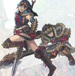  1boy aoin armor arzuros_(armor) axe black_hair blue_eyes boots brown_eyes commentary_request female fur gauntlets highres monster_hunter_(character) monster_hunter_(series) monster_hunter_portable_3rd photoshop_(medium) short_hair smile switch_axe thighhighs weapon 